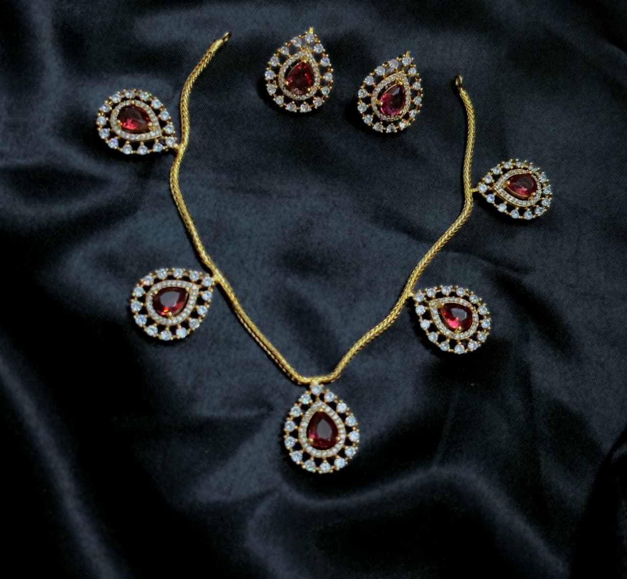 Designer Ruby Red CZ Necklace & Earrings Set