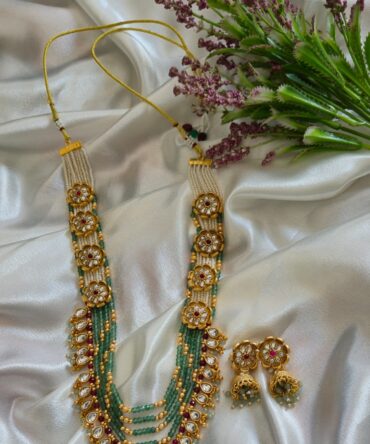 Green Beaded Layered Set with Pearl Strands & Floral Kundan Detailing