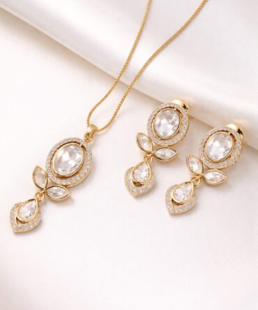 Polki Style CZ Drop Pendant Set with Matching Earrings
