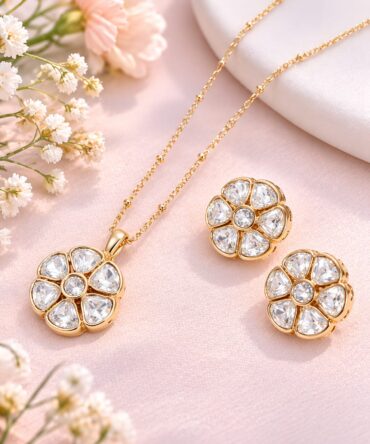Polki Style CZ Floral Pendant Set with Stud Earrings