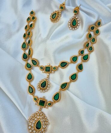 Double Layer Green Teardrop Necklace Set with Statement Pendant